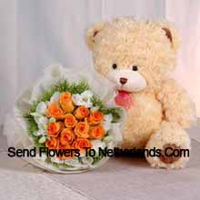 11 Orange Roses with Cute Teddy Bear