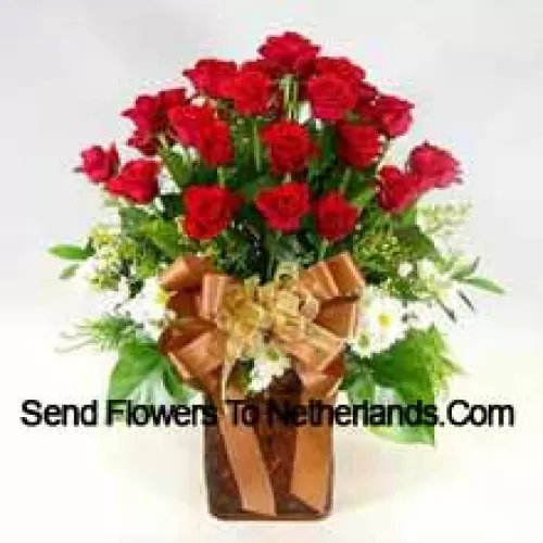 23 Red Roses And 14 White Gerberas With Seasonal Fillers In A Vase