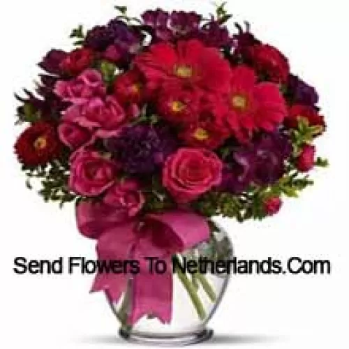 Pink Roses, Red Gerberas And Other Assorted Flowers Arranged Beautifully In A Glass Vase -- 37 Stems And Fillers