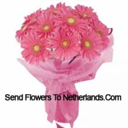 A Beautiful Hand Bunch Of 11 Pink Gerberas With Seasonal Fillers