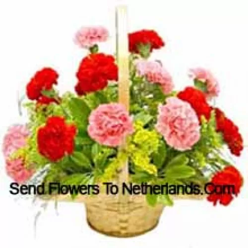 Basket Of 6 Pink And 7 Red Carnations