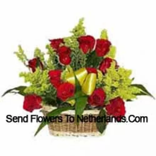 Basket Of 19 Red Roses With Seasonal Fillers