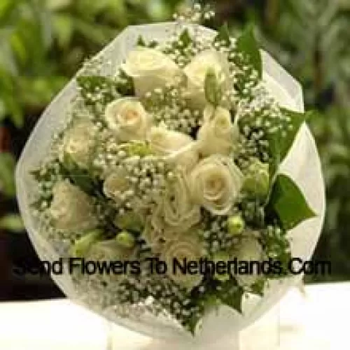 Bunch Of 11 White Roses With Fillers