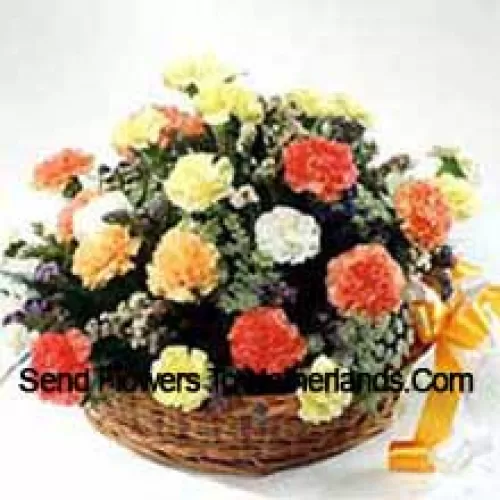 Basket Of 25 Mixed Colored Carnations With Seasonal Fillers