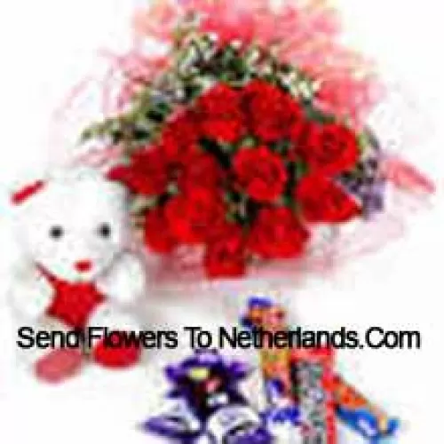 Bunch Of 11 Red Roses With Assorted Chocolate And A Cute Teddy Bear