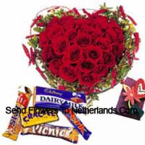 Heart Shaped Arrangement Of 41 Red Roses, Assorted Chocolates And A Free Greeting Card