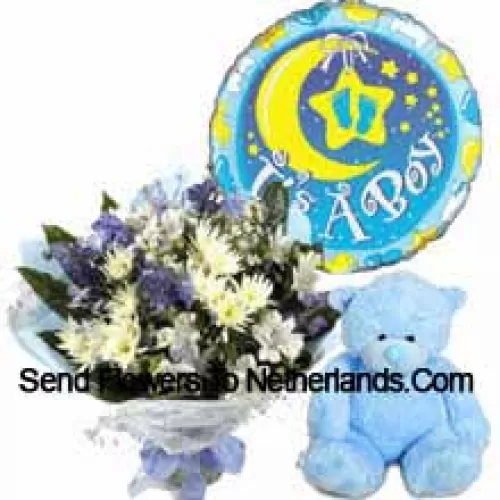 Bunch Of Assorted Flowers, A Cute Teddy Bear And A Baby Boy Balloon