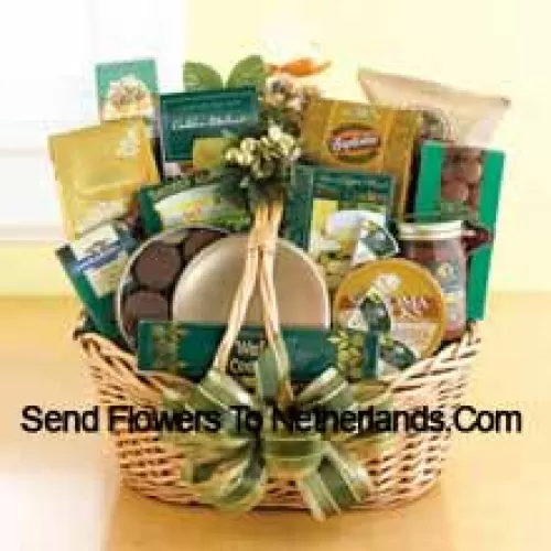 Start a tradition of sending good taste to everyone on your holiday gift list this year. Our classic wicker basket comes piled high with a gourmet assortment that is sure to please. Whether you need something to send to corporate clients or your favorite aunt and uncle, this gift basket is up to the job. We accent the basket with green and gold ribbon and holiday accents to make a great impression. Inside your recipients will discover an assortment that features something for everyone: Lindt chocolate truffles, smoked almonds, walnut cookies, chocolate cookies, chocolate-covered popcorn, cheese, crackers, a Ghirardelli chocolate bar, tortilla chips, salsa, chocolate wafer cookies , cheese swirls, and chocolate-covered sandwich cookies. (Please Note That We Reserve The Right To Substitute Any Product With A Suitable Product Of Equal Value In Case Of Non-Availability Of A Certain Product)